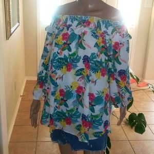 NWT Espressa off shoulder banded arms tropical blouse semi sheer breezy